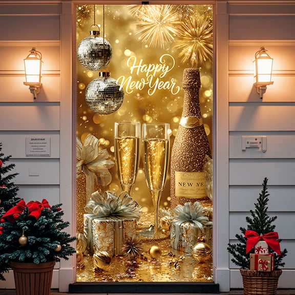 CaiYueKe Happy New Year Door Cover Decoration Front Door Hanging Tapestry Party Holiday Celebration Fabric Winter Door Wrap Indoor Outdoor 35x71 Inch