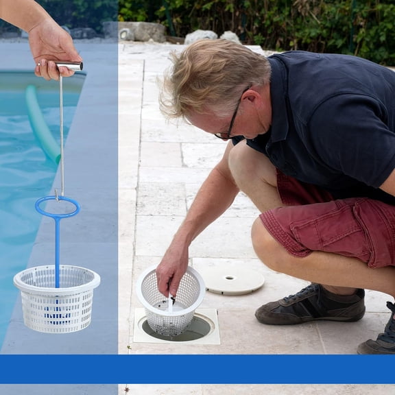 CaiYueKe Heavy Duty Pool Skimmer Basket Replacement Hook Handle Tool, Stainless Steel Swimming Pool Cleaning Accessories with Wall Mount Storage Hooks, Universal Spa Hot Tub Maintenance Equipment