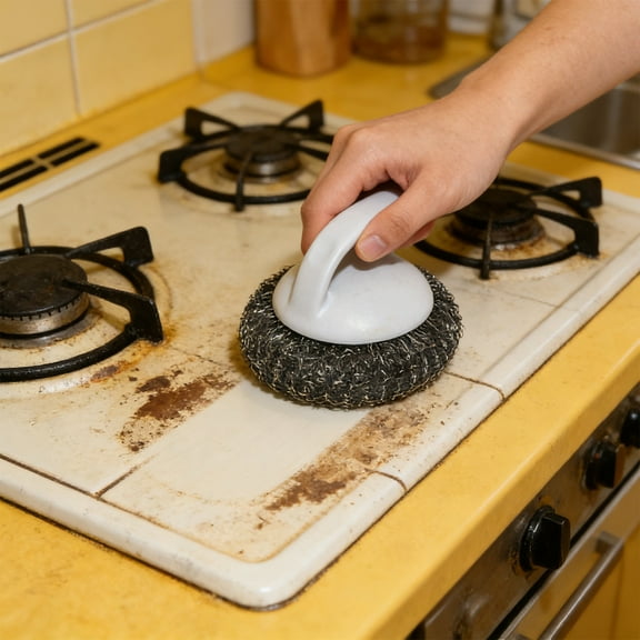 CaiYueKe Pot Scrubber Brush with Handle Kitchen Cleaning Brush Stainless Steel Scouring Pad Non-Scratch Dish Brush for Pots Pans Cookware Heavy Duty Cleaning Brush Home Kitchen Utensil Tool