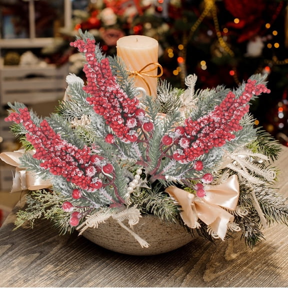 CaiYueKe Snowy Artificial Cedar Picks Christmas Faux Snow Frosted Pine Branches Christmas Ball Red Berries for Christmas Wreath Family Office Garden Decor Winter Wedding Centerpiece Party Garland