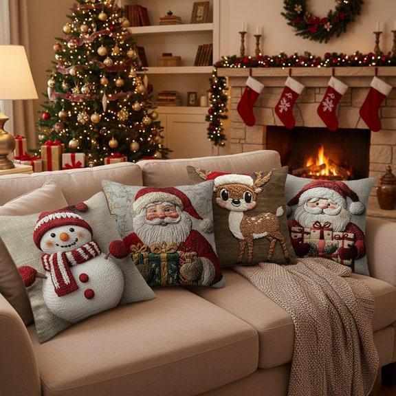 CaiYueKe Vintage 18x18 Inches Christmas Throw Pillow Covers, Xmas Decoration Cushion, Winter Holiday Decorative Pillow Case, Santa Claus Snowman Pillowcase, Indoor Home Bedroom Sofa Couch Decor