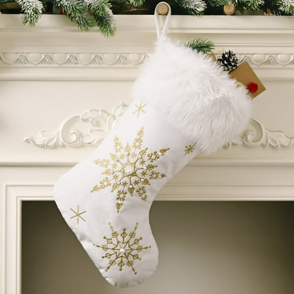 CaiYueKe White Plush Christmas Stockings, 18" Gold Snowflake Sequin Embroidered Fireplace Hanging Stockings for Mantle Christmas Decoration and Kids Holiday Gift​​