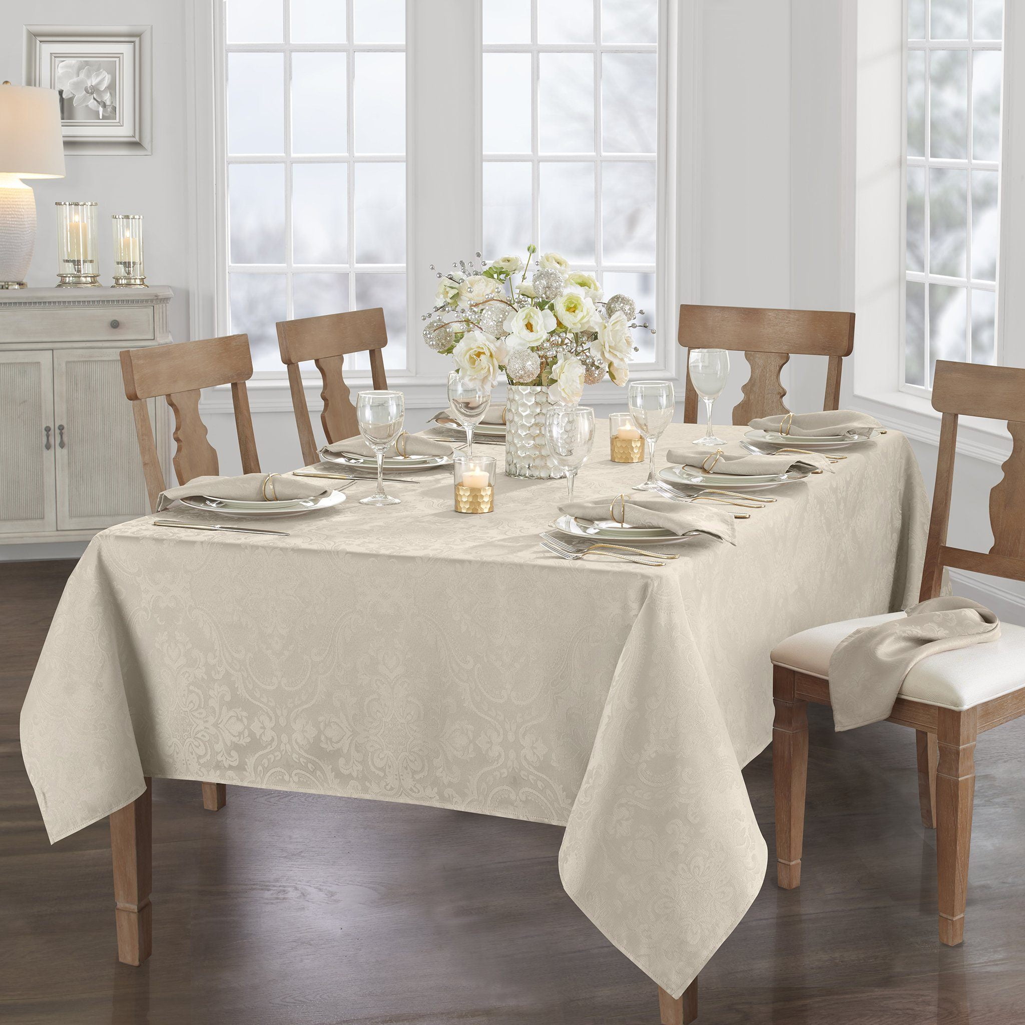 Taupe Jacquard Damask Stain Resistant Rectangle Tablecloth 52" x 70"