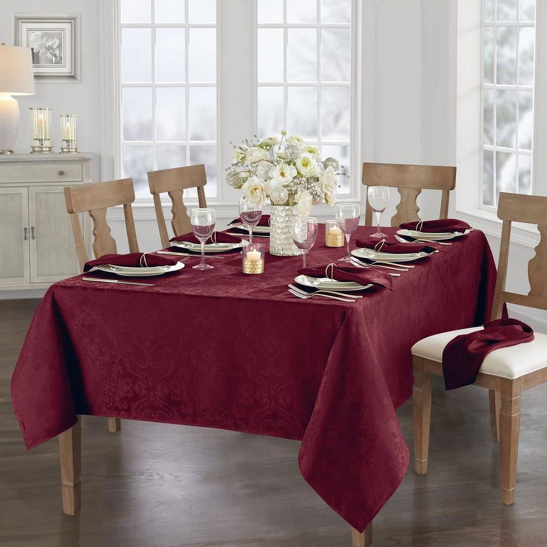 Cranberry Jacquard Damask Stain-Resistant Rectangular Tablecloth