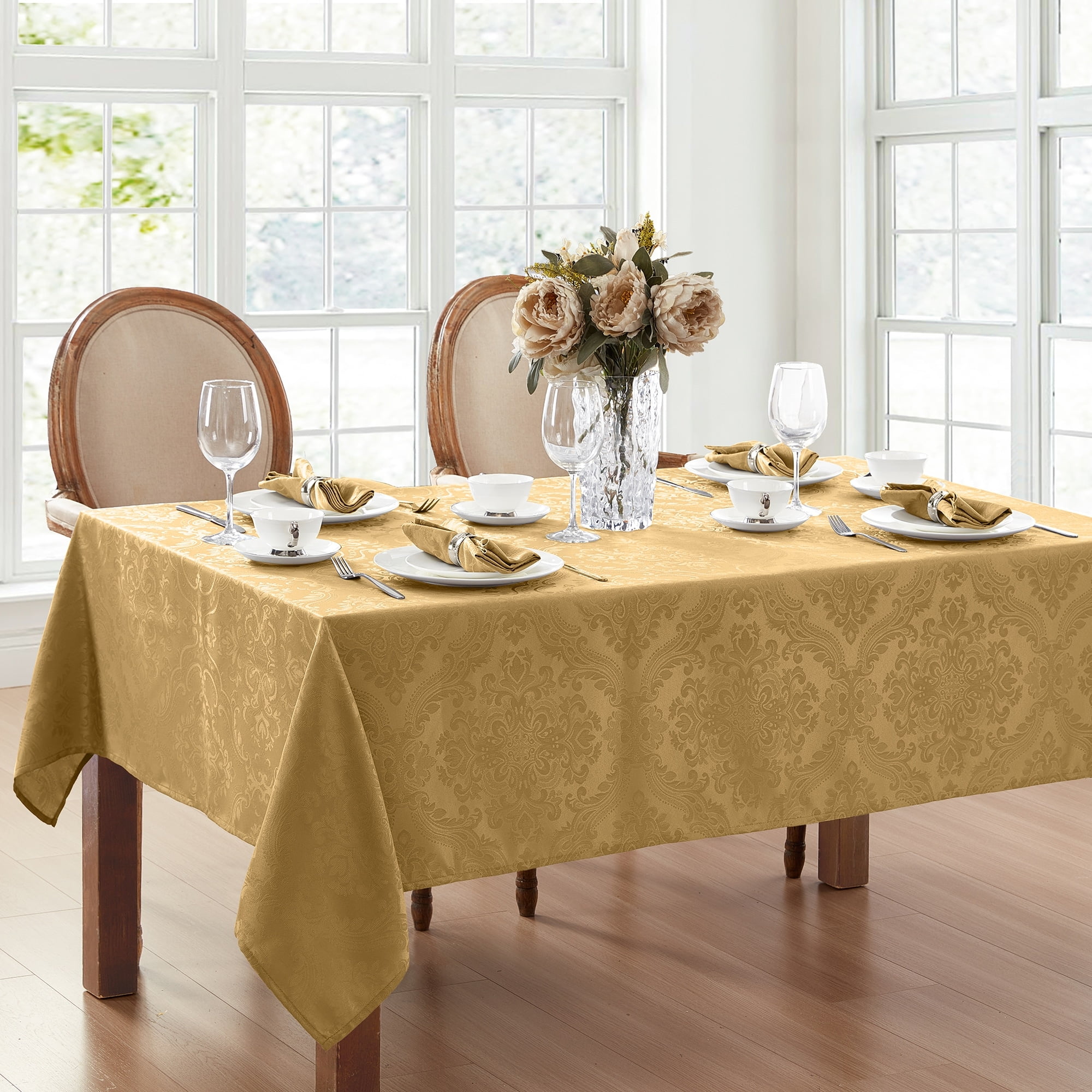 Caiden Gold Jacquard Damask Rectangle Tablecloth 60" x 144"