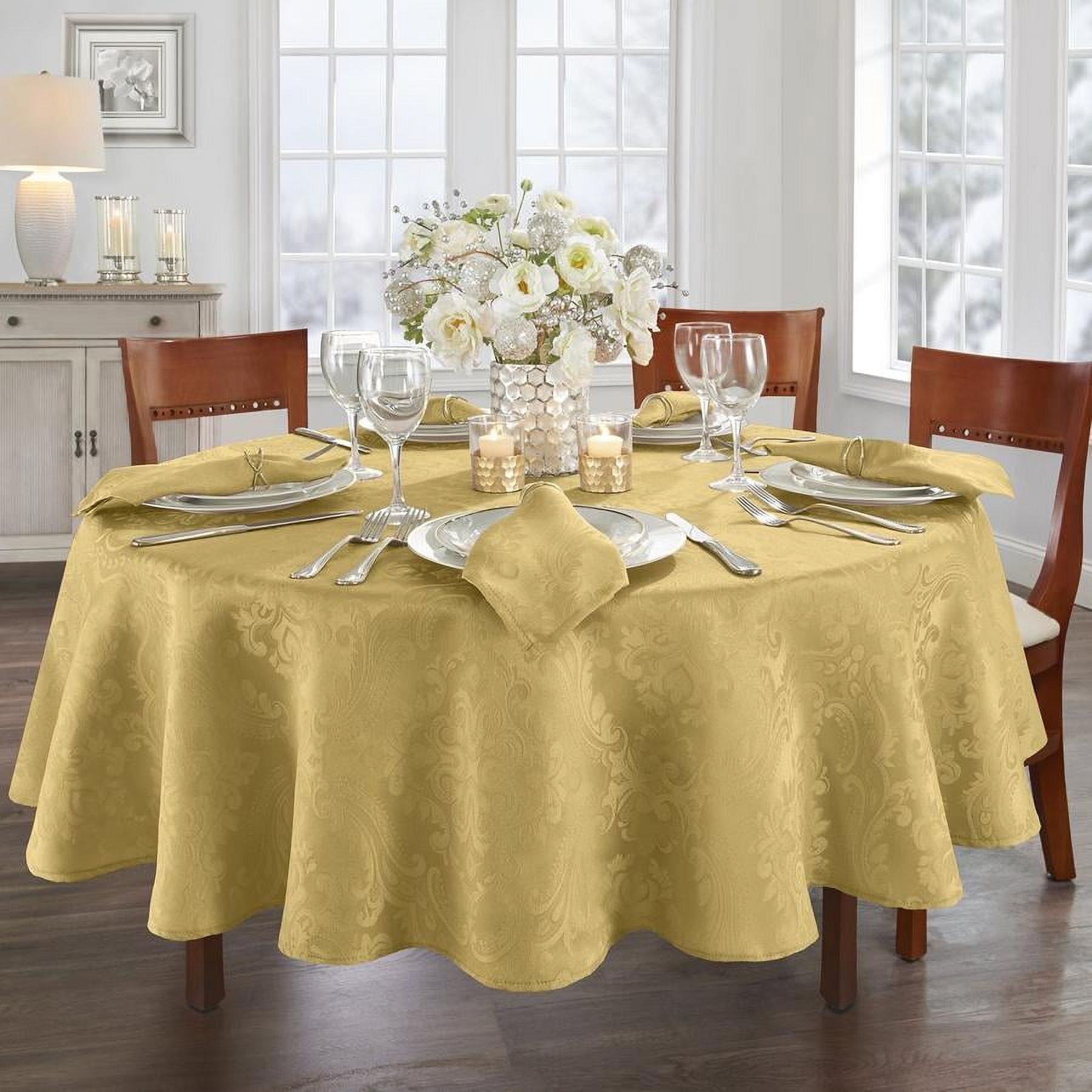 Gold Damask Round Polyester Tablecloth, 90"