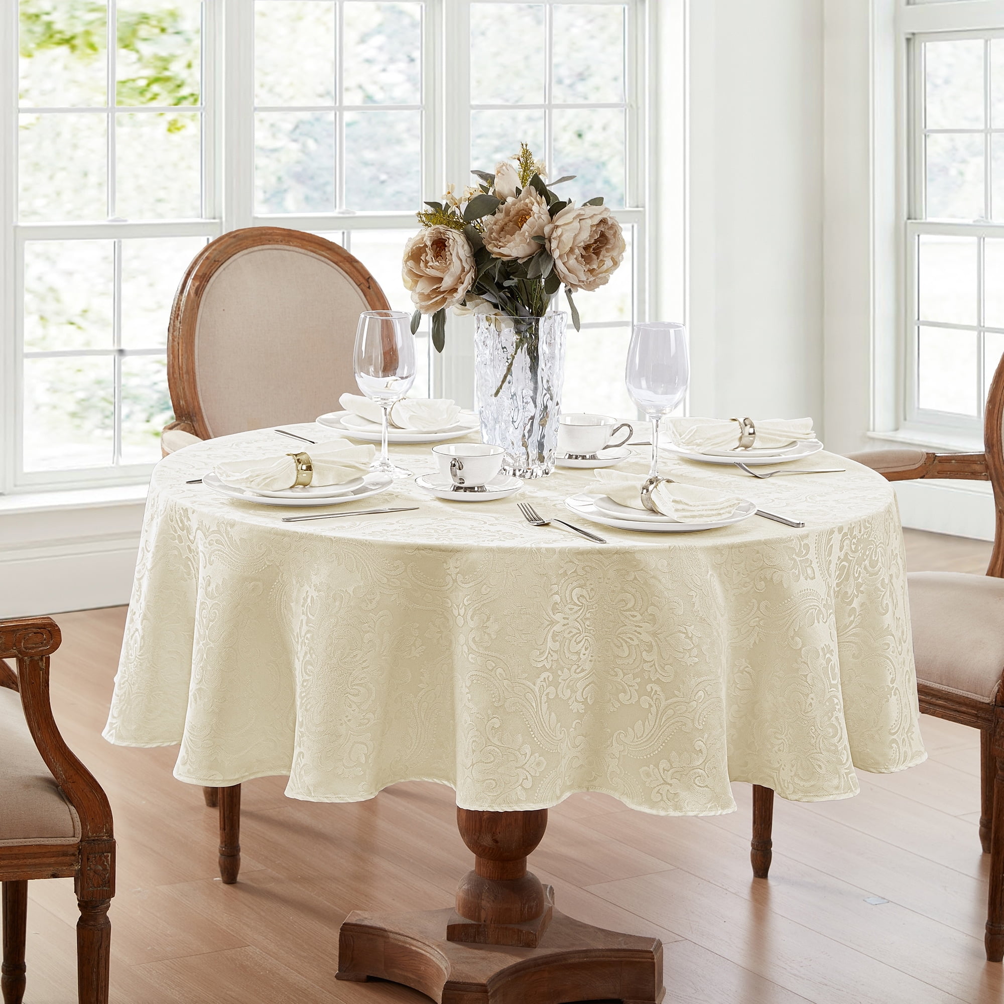 Ivory Jacquard Rain Resistant Round Tablecloth, 90"