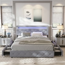 Caidi Full Size Bed Frame with LED Light Headboard, Upholstered Platform Bed (Light Grey-Full), Wood