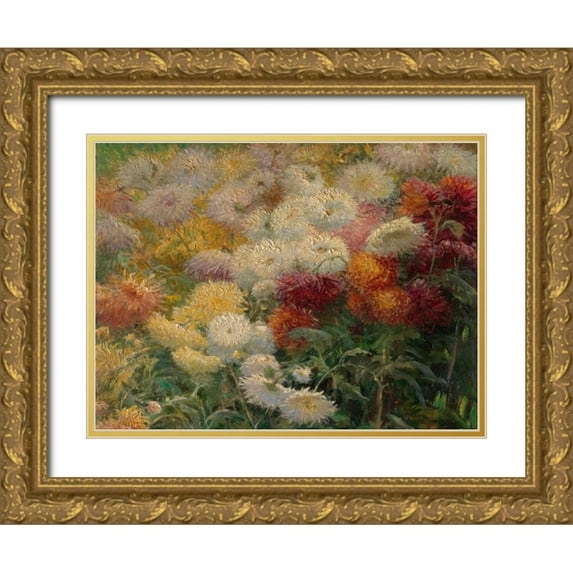 Caillebotte, Gustave 32x25 Gold Ornate Wood Framed with Double Matting Museum Art Print Titled - Chrysanthemums in the Garden at Petit-Gennevilliers