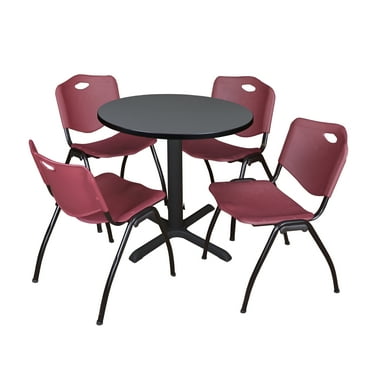 Regency Cain Small 30 in. Round X-Base Breakroom Table- Grey & 4 M Stack Chairs- Burgundy