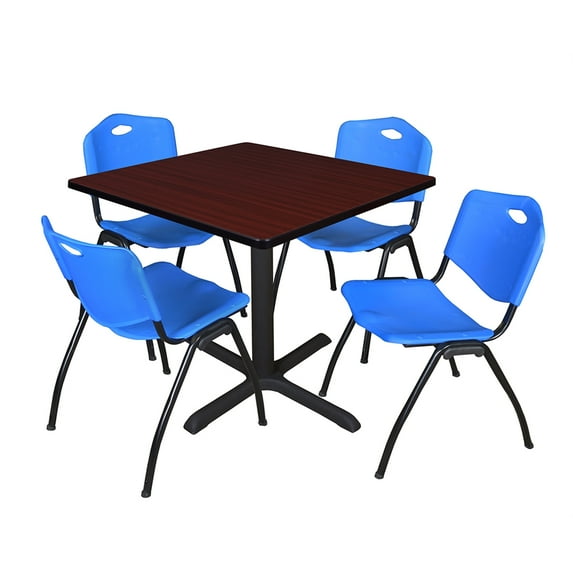 Cain 36" Mahogany Square Breakroom Table and 4 'M' Stack Chairs, Multiple Colors