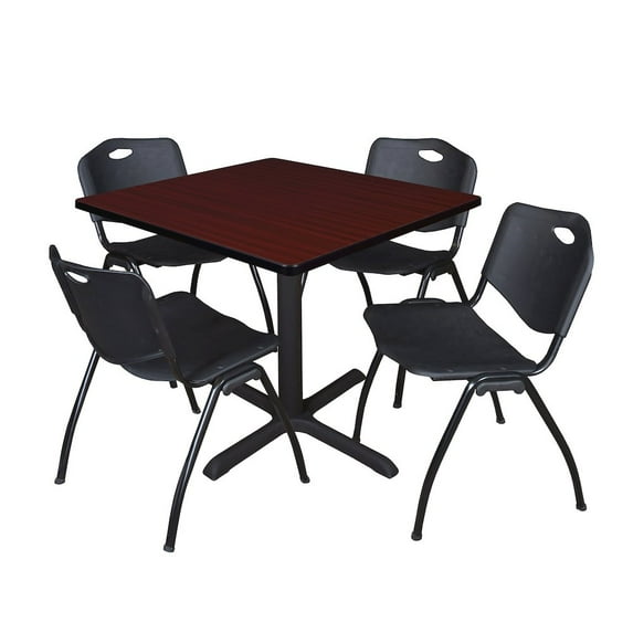 Cain 36" Mahogany Square Breakroom Table and 4 'M' Stack Chairs, Multiple Colors