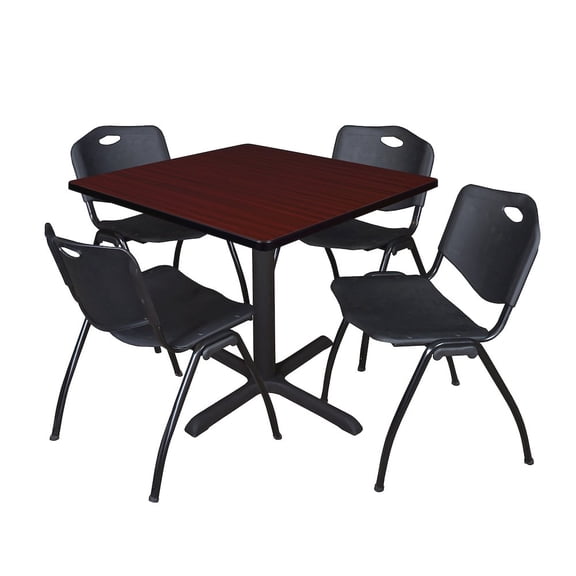 Cain 36" Mahogany Square Breakroom Table and 4 'M' Stack Chairs, Multiple Colors
