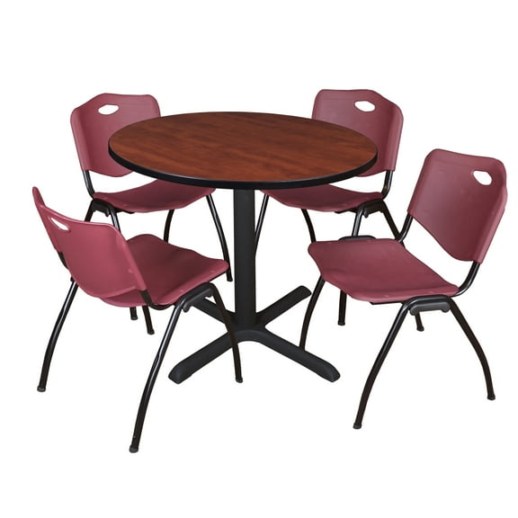 Regency Cain 36 in. Round X-Base Breakroom Table- Cherry & 4 M Stack Chairs- Burgundy