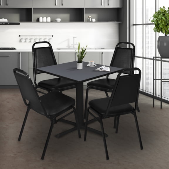 Regency Cain 36 in. Square X-Base Breakroom Table- Grey & 4 Restaurant Stack Chairs- Black