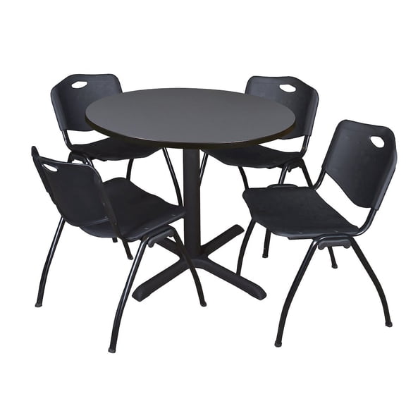 Cain 42" Grey Round Breakroom Table and 4 'M' Stack Chairs, Multiple Colors
