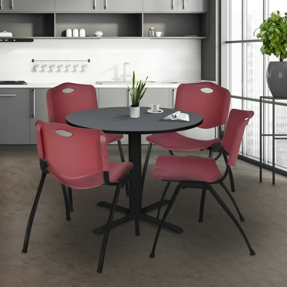 Cain 42" Grey Round Breakroom Table and 4 'M' Stack Chairs, Multiple Colors
