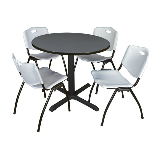 Cain 42" Grey Round Breakroom Table and 4 'M' Stack Chairs, Multiple Colors