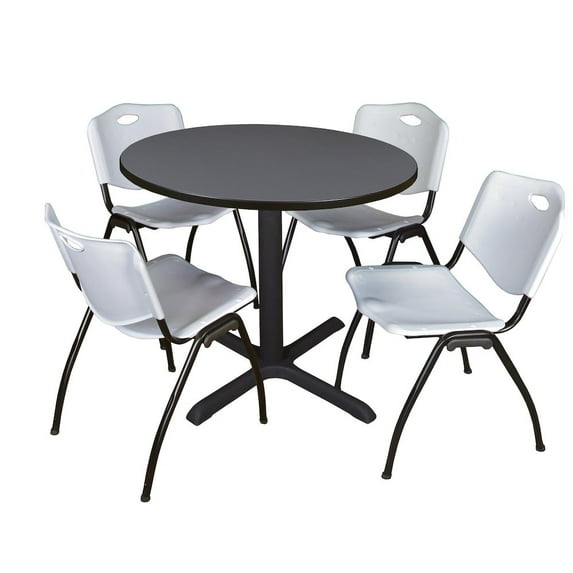 Cain 42" Grey Round Breakroom Table and 4 'M' Stack Chairs, Multiple Colors