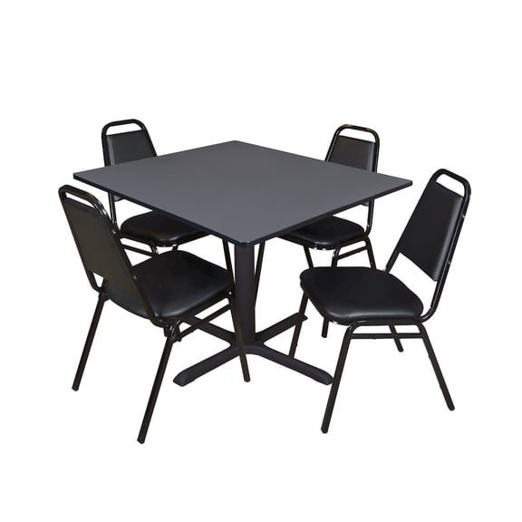 Regency 48 in. Square X-Base Breakroom Table- Grey & 4 Restaurant Stack Chairs- Black