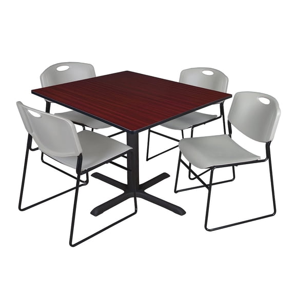 Regency 48 in. Square X-Base Breakroom Table- Mahogany & 4 Zeng Stack Chairs- Grey