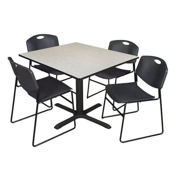 Regency 48 in. Square X-Base Breakroom Table- Maple & 4 Zeng Stack Chairs- Black