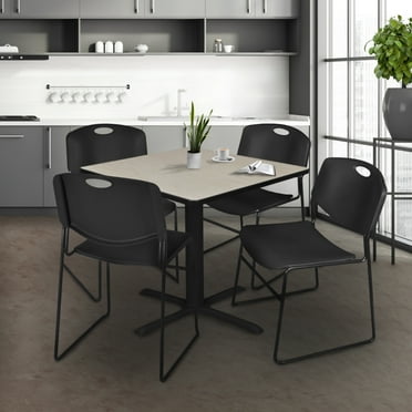 Cain 48" Square Breakroom Table- Maple & 4 Zeng Stack Chairs- Black