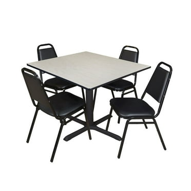 Cain 48in. Square Breakroom Table- Maple & 4 Restaurant Stack Chairs- Black