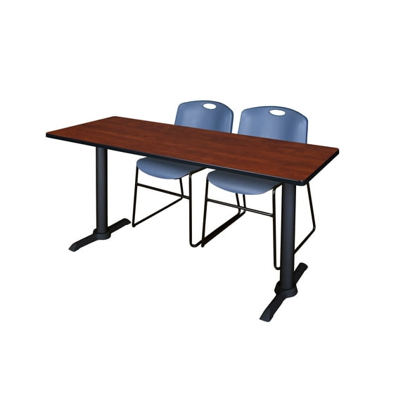 Cain 66" x 24" Training Table- Cherry & 2 Zeng Stack Chairs- Blue