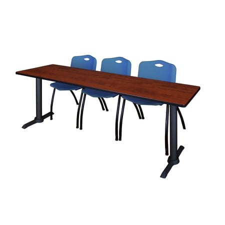 Regency Cain 84 x 24 in. T-Base Training Seminar Table- Cherry & 3 M Stack Chairs- Blue