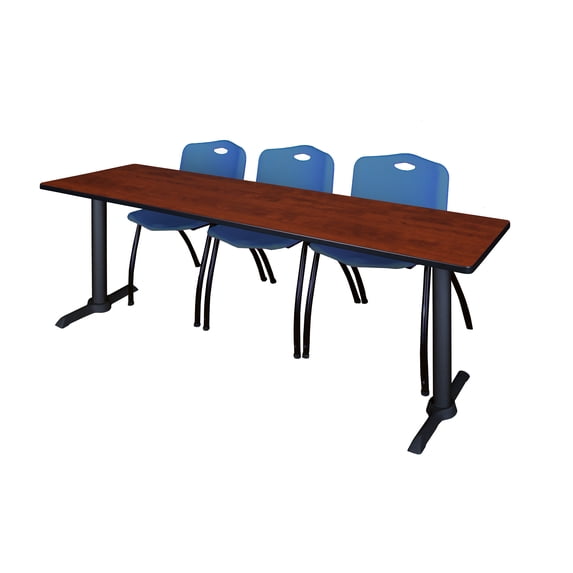 Regency Cain 84 x 24 in. T-Base Training Seminar Table- Cherry & 3 M Stack Chairs- Blue