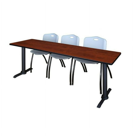 Cain 84" x 24" Training Table- Cherry & 3 'M' Stack Chairs- Grey