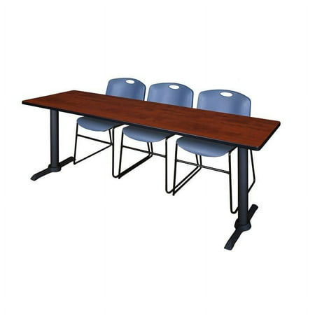 Cain 84" x 24" Training Table- Cherry & 3 Zeng Stack Chairs- Blue