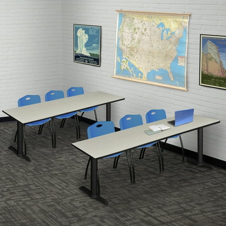 Regency Cain 84 x 24 in. T-Base Training Seminar Table- Maple & 3 M Stack Chairs- Blue