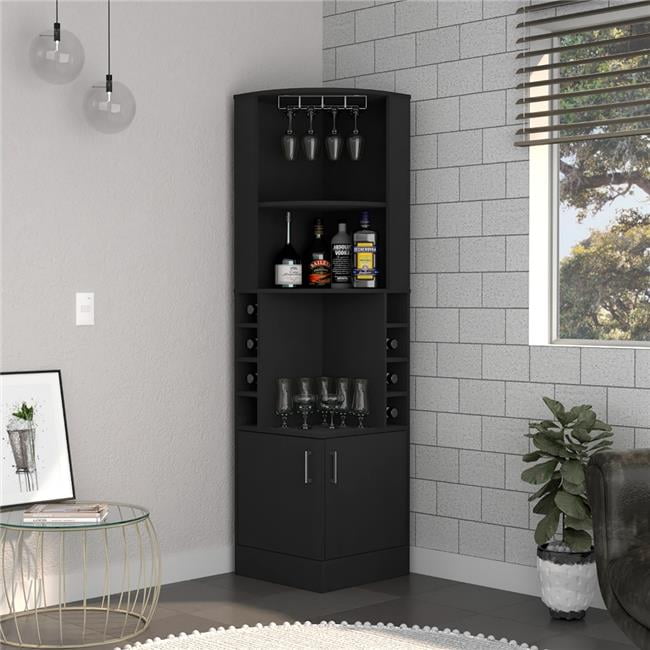 Cairo Black Corner Bar Cabinet with Glass Rack and Wine Cubbies