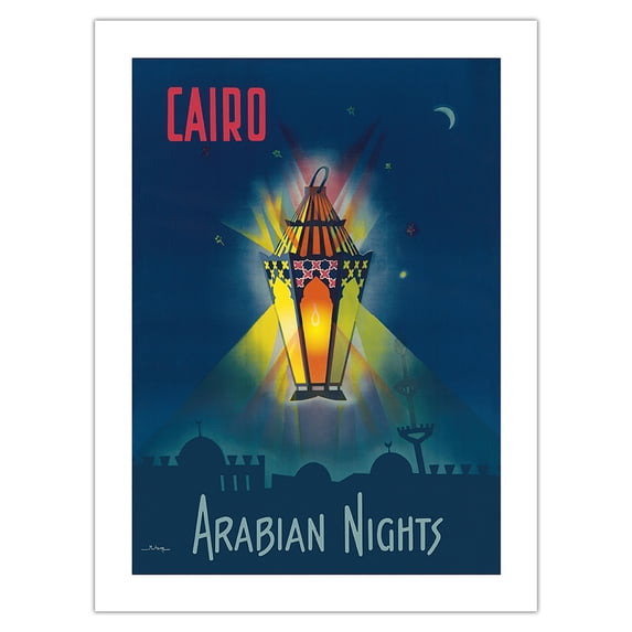 Cairo Egypt - The Arabian Nights - One Thousand and One Nights - Aladdin's Magic Lamp - Vintage Travel Poster by M. Azmy c.1946 - Bamboo Fine Art 290gsm Paper (Unframed) 12x16in