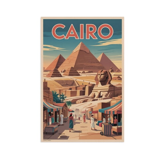 Cairo Retro Travel Poster Vintage Egyptian City Tourism with Pyramids & Ancient Mysteries Canvas Poster