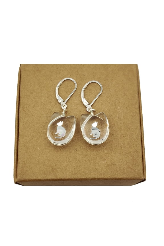 Cat Pussy Animal Glass 925 Sterling Silver French Earrings Handmade Women