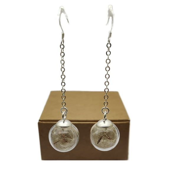 Cairui Design Dandelion Glass Ball Long Chain 925 Sterling Silver Drop Earrings Handmade Women