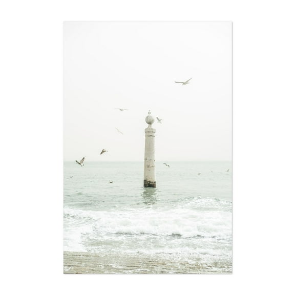Cais das Colunas in Lisbon | minimalist ocean photo with pillar and seagulls - Lisbon Portugal Photography Seascape Minimalist Bird Ocean Coast Waves Nautical Unframed Wall Art Print 4 x 6 inches