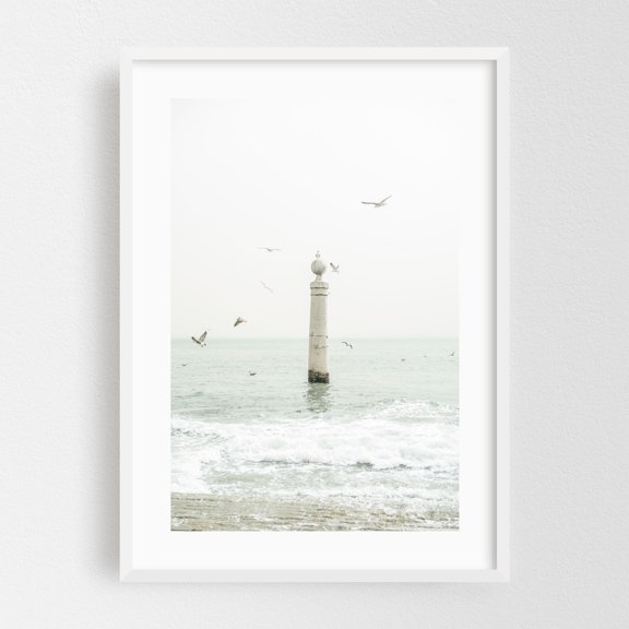 Cais das Colunas in Lisbon | minimalist ocean photo with pillar and seagulls - Lisbon Portugal Photography Seascape Minimalist Bird Ocean Coast Waves Nautical White Framed Wall Art Print 5 x 7 inches