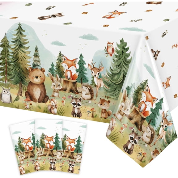 Caisehabu 3Pcs Woodland Baby Shower Decorations Tablecloth, Baby Boy Large Size 54 x 108 Inch Rectangular Plastic Table Cloth Forest Animals Mountain Wilderness Theme Decor