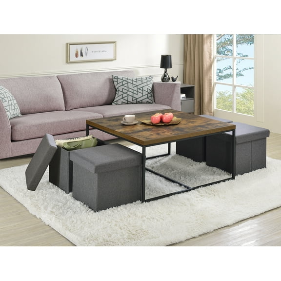 Caitlin 35" Weathered Oak Wood Grain 5-Piece Coffee Table Set with 4 Storage Stools, MDF Top, Black Metal Base, Brown Oak - Perfect for Living Room, Apartment, Taiwan
