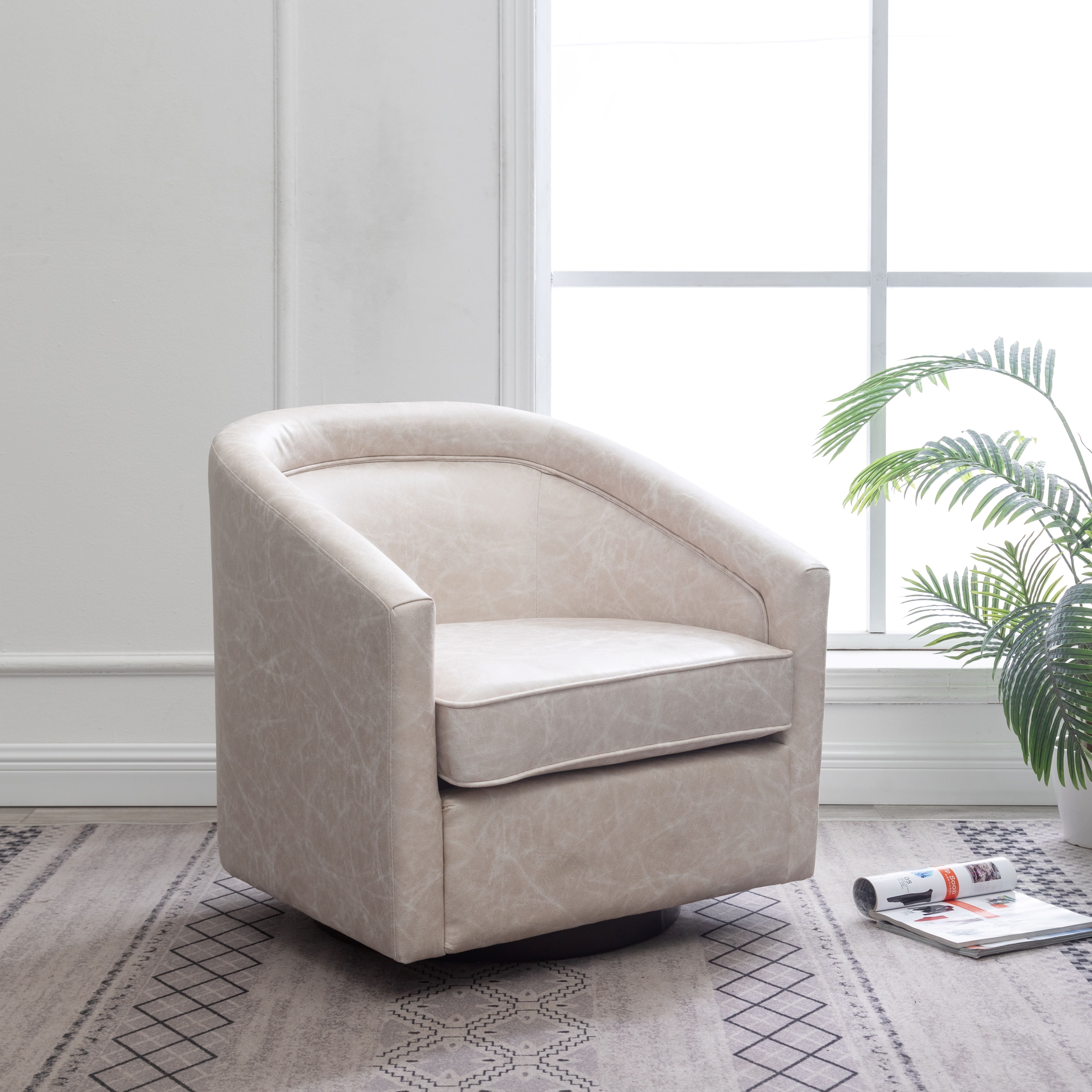 Light Tan Faux Leather Swivel Barrel Chair with Metal Base