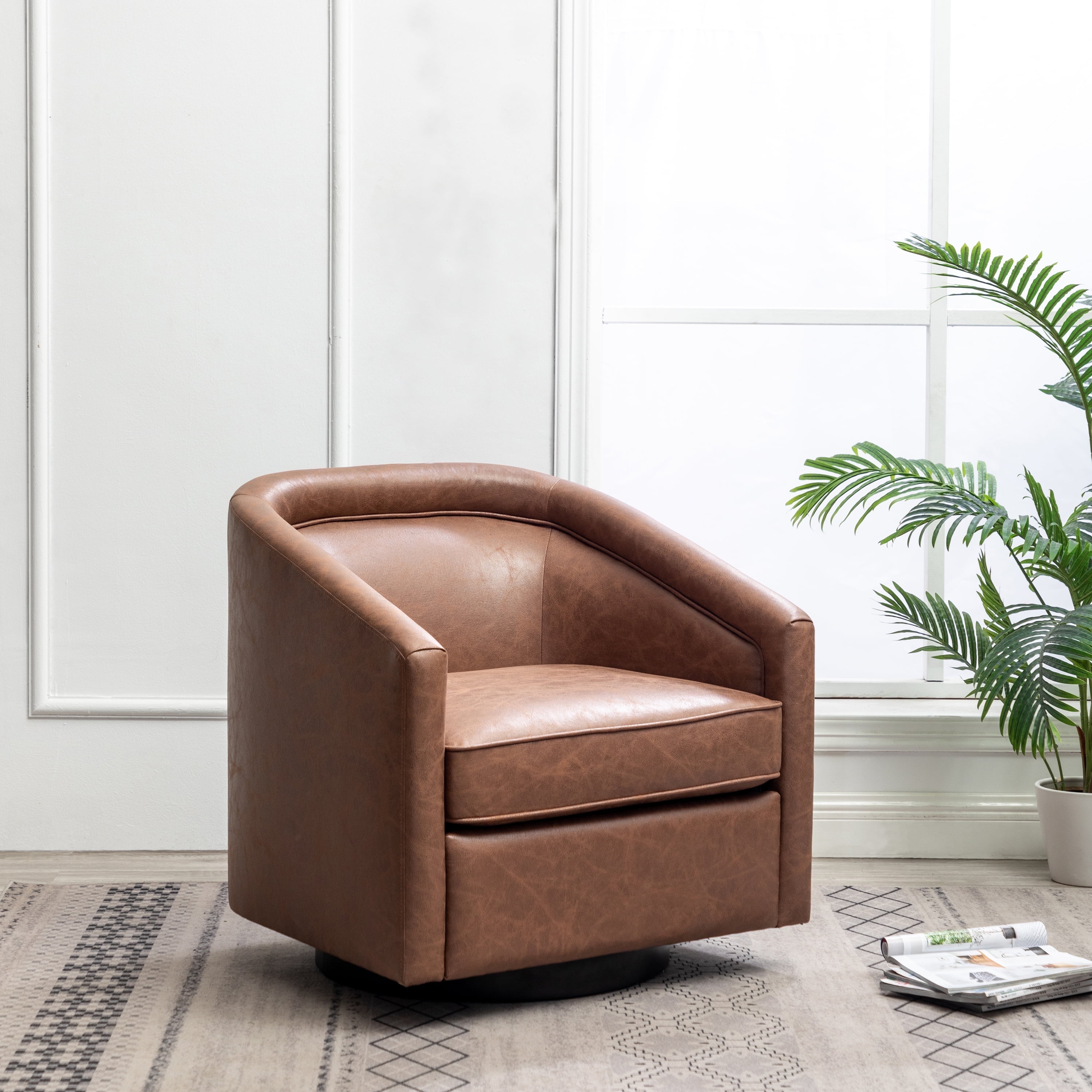 Walnut Faux Leather Swivel Barrel Chair with Metal Base