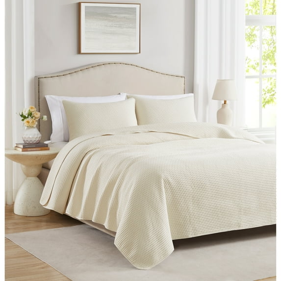 Caitlyn Embossed Stitch Pre-Washed Quilt Set Ivory - Queen