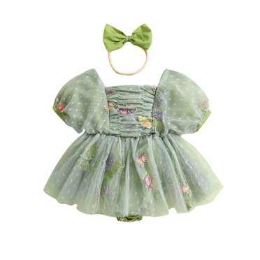 Baby Girl Romper Dress - Ribbed Fly Sleeve With Flower Embroidery & Smocked Tutu For Summer