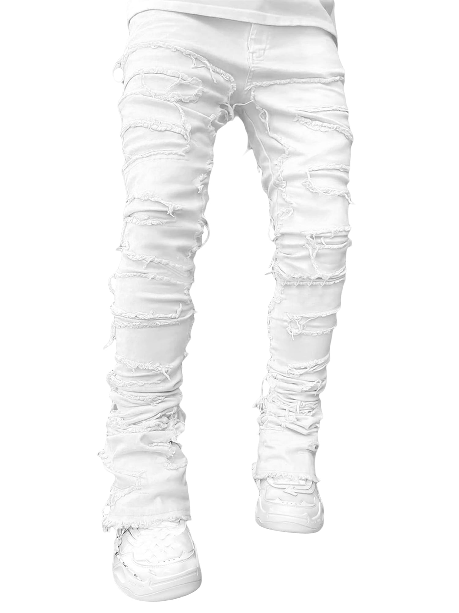 Caitzr Jeans for Men Stretch Fit Skinny Stacked Ripped Destroyed Jeans