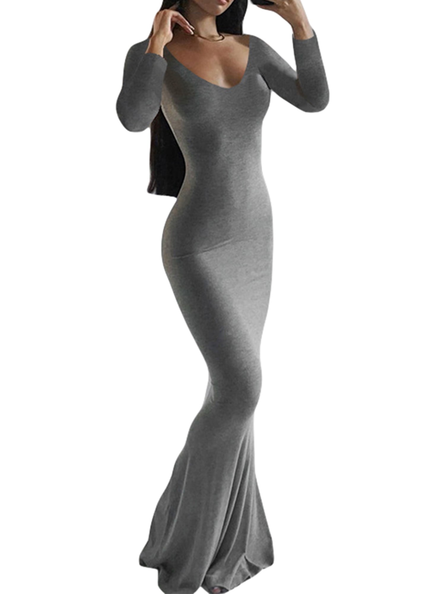 Caitzr Long Sleeve Dress for Women Basic Solid Slim Club Dress Square