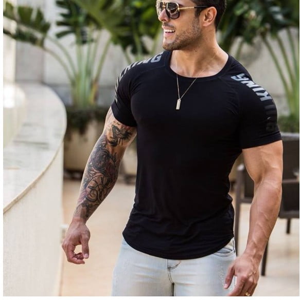 Caitzr Men Gym Slim Fit T-shirt, Short Sleeve Sportswear, Bodybuilding Muscle Crew Neck Tops -